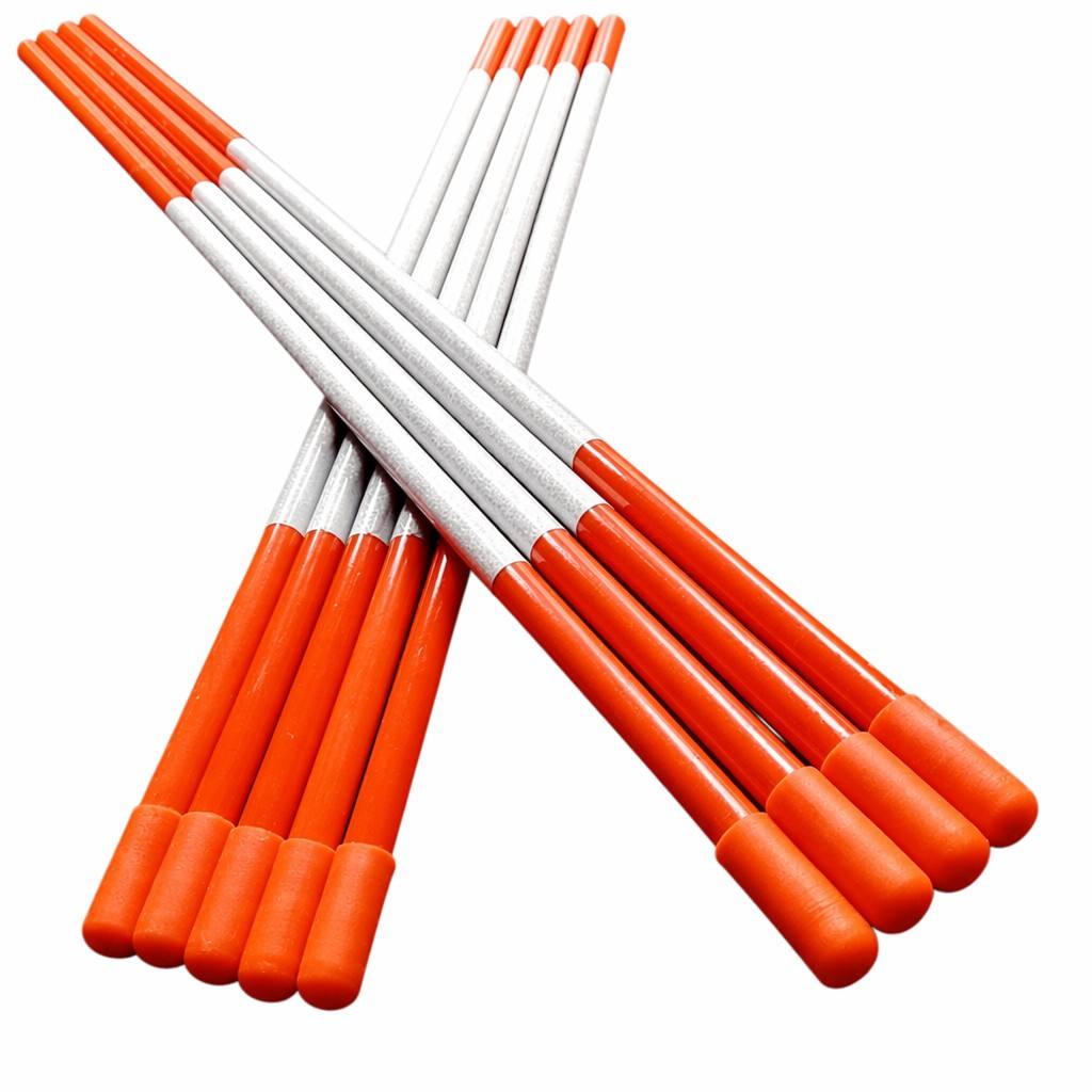 Orange fiberglass driveway markers installed along a snowy road